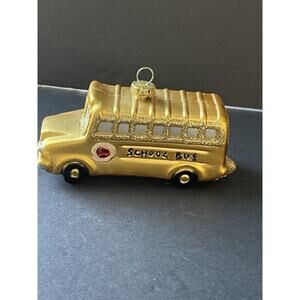 Hand Painted Blown Glass Christmas Ornament Yellow School Bus Holiday Decor